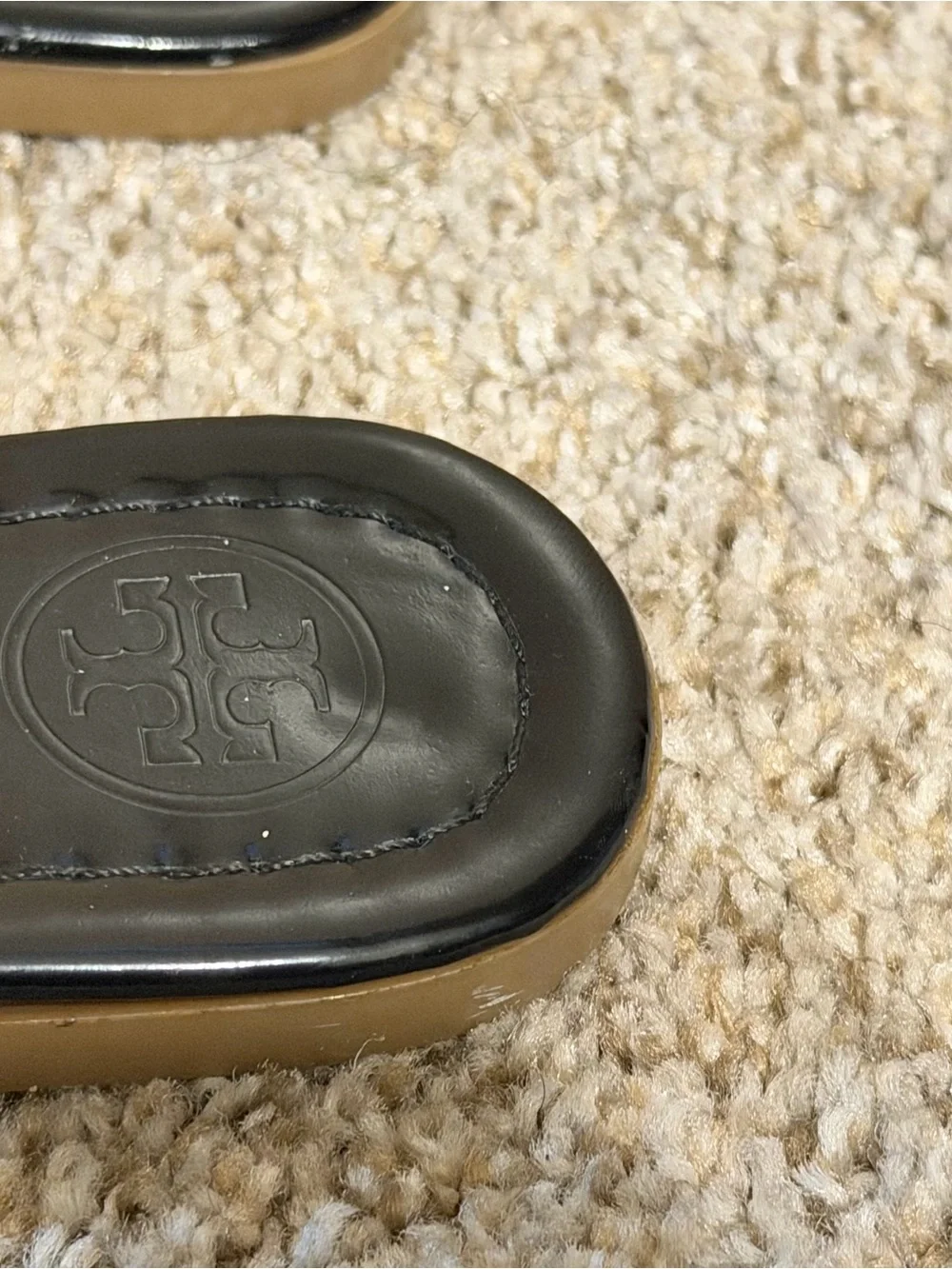 Tory Burch Black Patent Logo Thong Sandals with Gold Accents